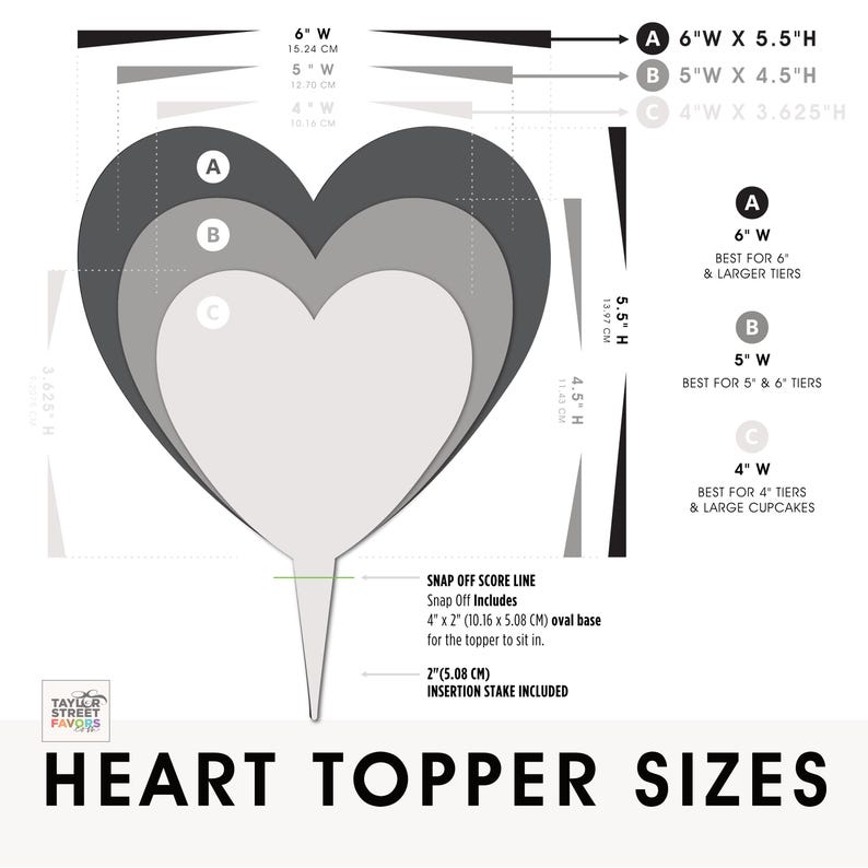 May include: A diagram of heart-shaped cake toppers in three sizes: 6" wide, 5" wide, and 4" wide. Each heart is layered in shades of gray. The diagram includes measurements in inches and centimeters, and text that reads "Heart Topper Sizes."