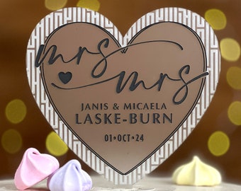 Mrs & Mrs Wedding Cake Topper with Names and Date | Frosted Acrylic Heart | By Taylor Street Favors | 6149L