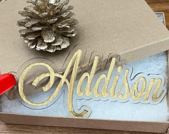 Personalized Script Christmas Stocking Tag, Gold or Silver Acrylic