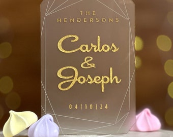 Wedding Cake Topper with Geometric Pattern | Frosted or Clear Acrylic Rectangle | By Taylor Street Favors | 4786