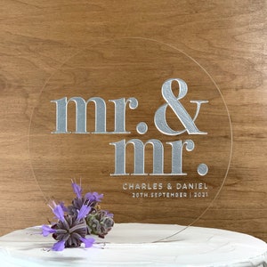 Mr. and Mr. Wedding Cake Topper | Round Acrylic Keepsake | By Taylor Street Favors | 7297