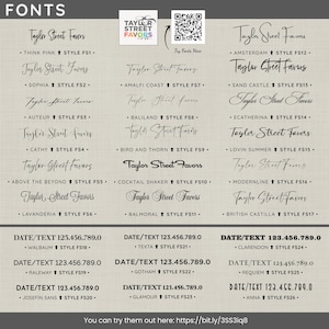 May include: A display of various font styles, including script and sans-serif options, with the text "Taylor Street Favors" in different designs. The image also includes a QR code and a URL for trying out the fonts.