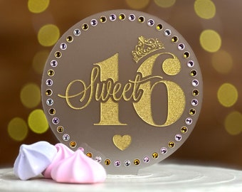 Sweet 16 Birthday Cake Topper, Sparkling Acrylic, Round Design, Adorned with Rhinestones | By Taylor Street Favors | 2598