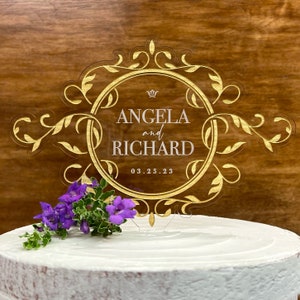 Vintage Style Wedding Cake Topper with Scroll Design | Personalized Acrylic Wedding Anniversary Keepsake | By Taylor Street Favors | 5979