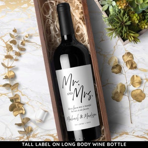 Mr & Mrs Wine Bottle Labels for Wedding, Wedding Wine Bottle Labels for The Bride and Groom 6943 Tall WHT w/ BLK Text