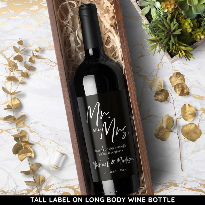 Mr & Mrs Wine Bottle Labels for Wedding, Wedding Wine Bottle Labels for The Bride and Groom 6943 Tall BLK w/ WHT Text