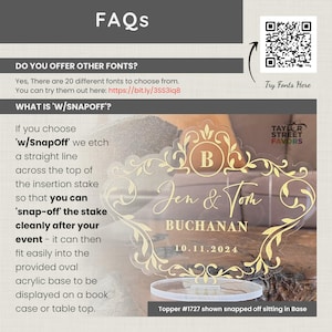 May include: Clear acrylic wedding cake topper with gold floral design, the names "Jen & Tom" and the date "10.11.2024". The topper has a base and includes the text "FAQs" and "Try Fonts Here".