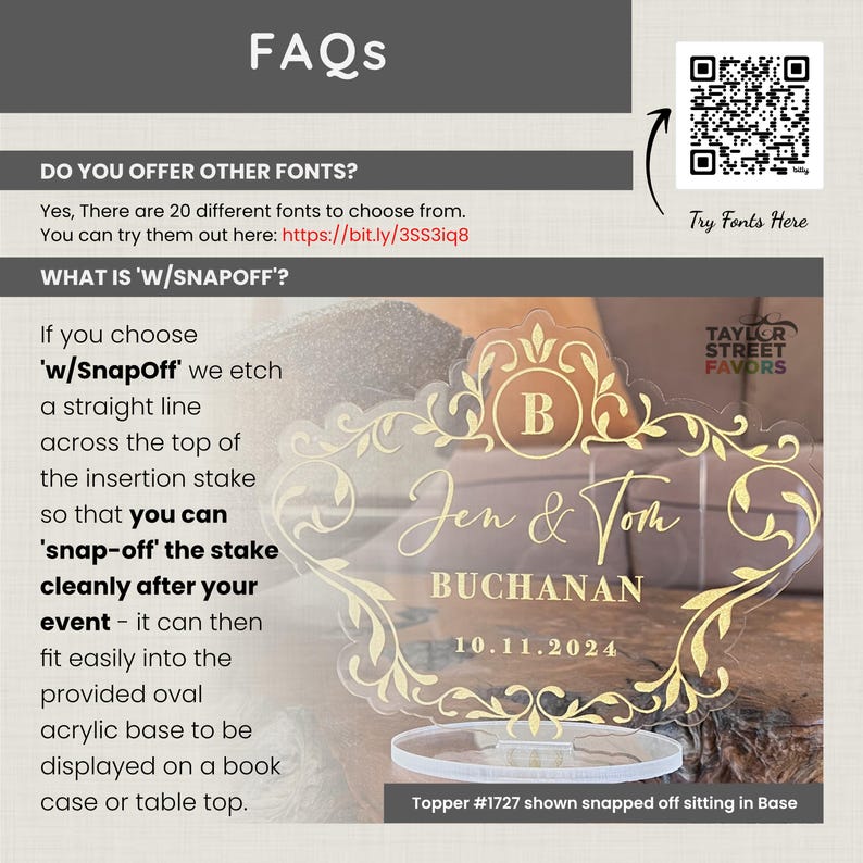 May include: Clear acrylic wedding cake topper with gold floral design, the names "Jen & Tom" and the date "10.11.2024". The topper has a base and includes the text "FAQs" and "Try Fonts Here".