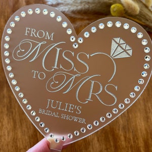 From Miss to Mrs Bridal Shower Cake Topper, Rhinestone Heart Shaped cake topper, Rose Gold, Bride to Be Cake Topper - 8921