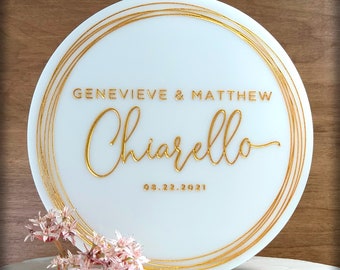 Round Cake Topper, Wedding Cake Topper, White Acrylic Cake Topper with Script Names, Etched Round Cake Topper - 5654W