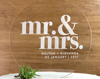 Mr. and Mrs. Wedding Cake Topper Personalized with Names and Date | Round Acrylic Keepsake | By Taylor Street Favors | 4799