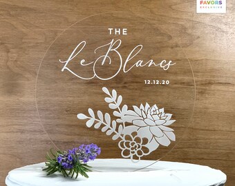 Elegant Round Succulent Cake Topper Engraved,  Round Acrylic Custom Cake Topper for Weddings, Anniversary Cake Topper - 7931