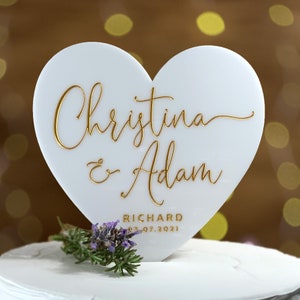 Personalized Heart Wedding Cake Topper – White Acrylic with Gold Script Names – Elegant Custom Keepsake for Wedding or Anniversary | 9715