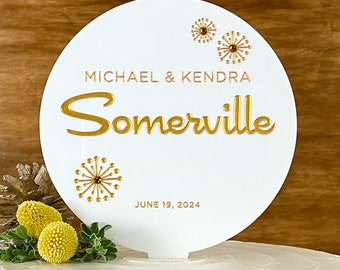 Dandelion Round Cake Topper, Wedding Cake Topper, White Acrylic Cake Topper with Script Names, Etched Round Cake Topper - 2555