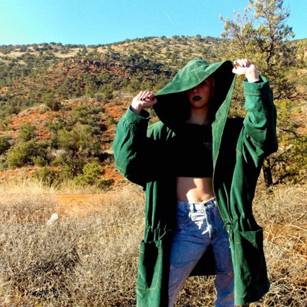 1980's Grunge Suede Cape Coat // Green Leather Oversized Coat with Hood and Pockets