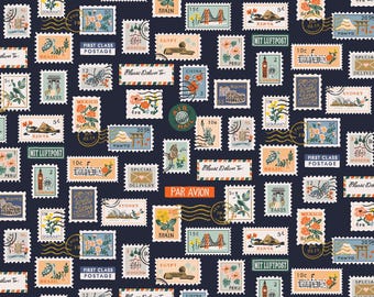 Rifle Paper Co. Bon Voyage, Postage Stamps - Navy Metallic Fabric
