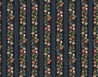 Rifle Paper Co., Gracie, Floral Trellis Stripe, Black, sold in half yard increments