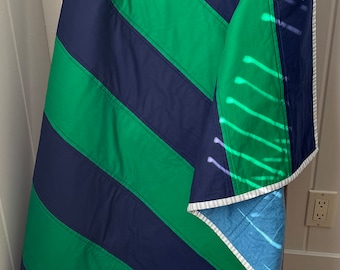 Navy Blue and Green Striped Crib Quilt, Handmade, Ready to Ship