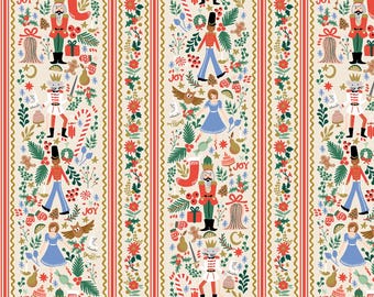 Rifle Paper Co. Holiday Classics, Holly Jolly Nutcracker, Cream and Gold Metallic, cotton fabric, sold in half yard increments.