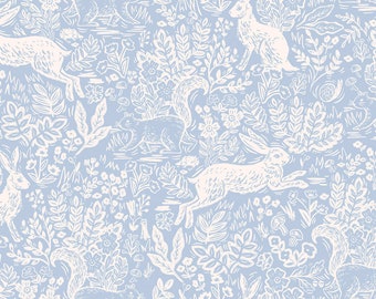 Rifle Paper Co., Wildwood, Fable, blue, cotton fabric, sold in half yard increments.