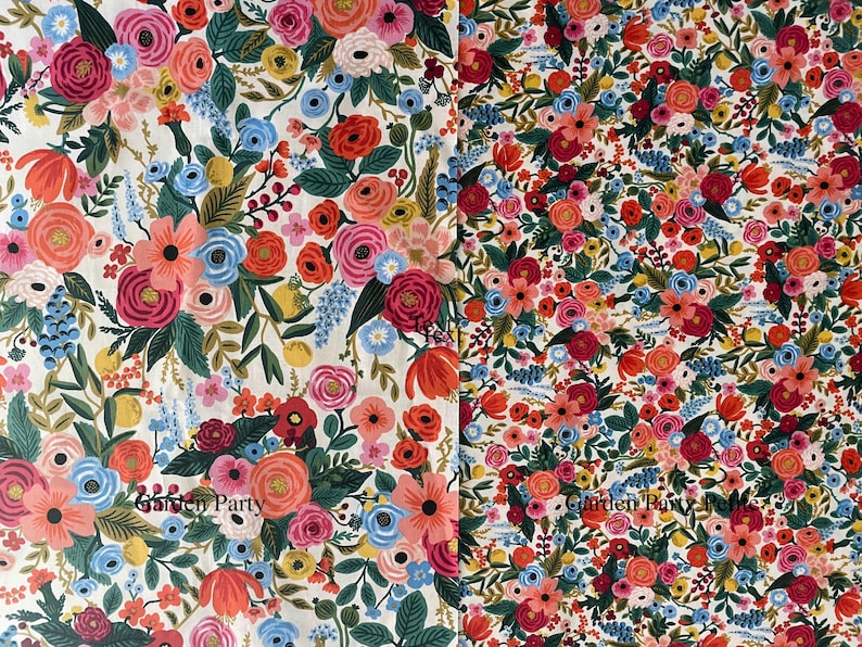 May include: A white fabric with a floral pattern featuring red, pink, blue, and yellow flowers. The fabric has the text "Garden Party" printed on it.