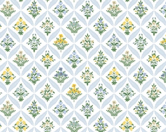 Rifle Paper Co., Dahlia, Estee Garden, Blue Multi, cotton fabric, sold by the half-yard