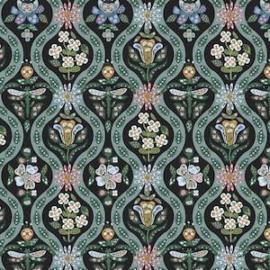 Rifle Paper Co., English Rose, Rosie, black metallic, cotton fabric, sold in half yard increments.