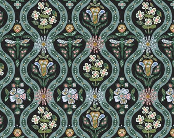 Rifle Paper Co., English Rose, Rosie, black metallic, cotton fabric, sold in half yard increments.