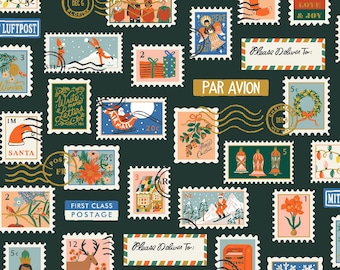 Rifle Paper Co. Holiday Classics, Holiday Stamps, Evergreen Canvas Metallic Fabric