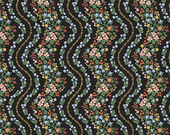 Rifle Paper Co., Dahlia, Wildwood Vines, Black Metallic, cotton fabric, sold by the half-yard