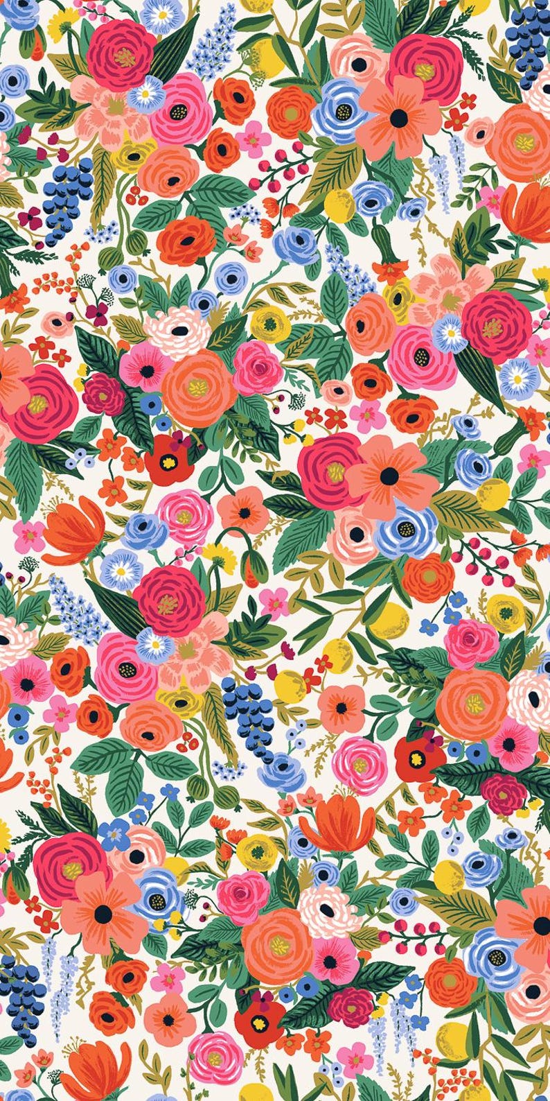 May include: A colorful floral pattern with pink, red, orange, yellow, blue, and green flowers on a white background. The pattern is perfect for fabric, wallpaper, or other decorative projects.