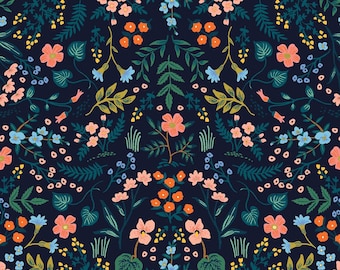 Rifle Paper Co., Wildwood, Navy Metallic, quilting cotton, sold by the half-yard