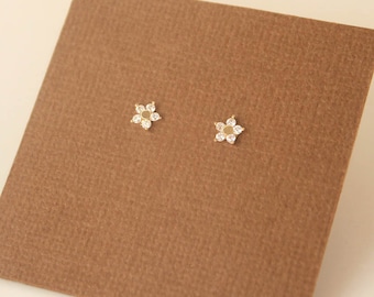 14k Yellow Solid Gold, Flower Screwback Earrings, Cubic Zirconia, Baby Girls Children Women Earrings