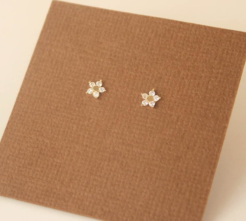 14k Yellow Solid Gold, Flower Screwback Earrings, Cubic Zirconia, Baby Girls Children Women Earrings