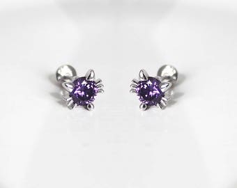 Cat Screwback Earrings, 925 Sterling Silver, Cubic Zirconia, Baby Girls Children Women Screwback Earrings