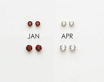 Birth Month Round Stud Screwback Earrings, 14k Solid Yellow Gold, Cubic Zirconia, Baby Girls Children Women Screwback Earrings