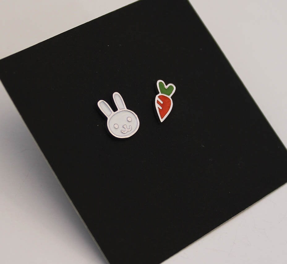 Enamel Rabbit and Carrot Screwback Earrings, 925 Sterling Silver, Baby ...
