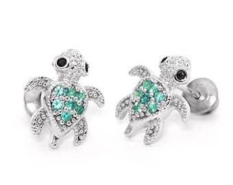 Turtle Screwback Earrings, 925 Sterling Silver, Cubic Zircornia, Baby Girls Children Earrings