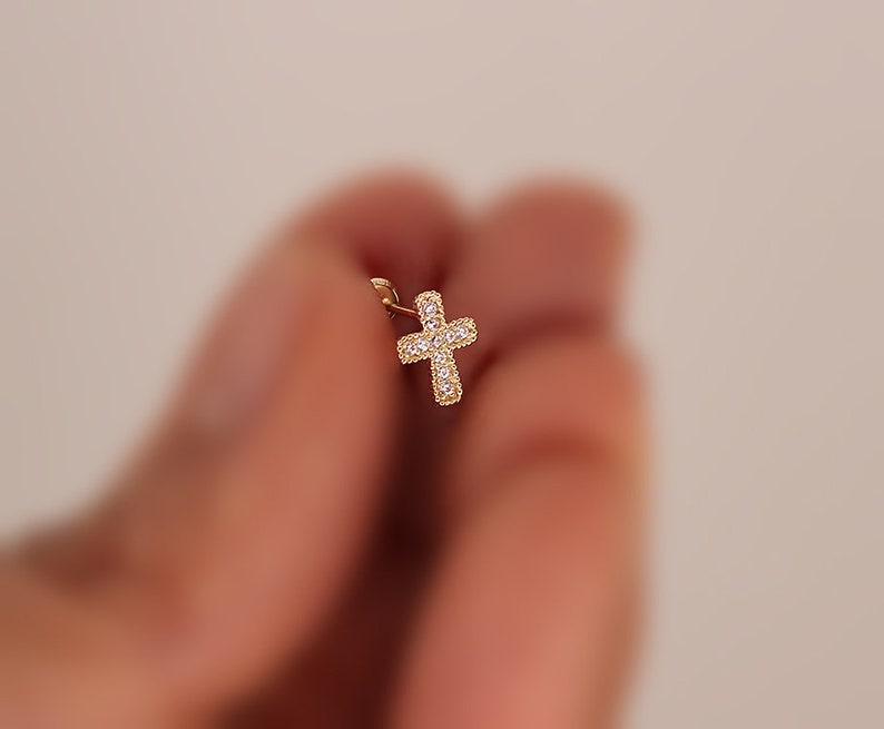 14k Solid Yellow Gold Cubic Zirconia Cross Baby Girls Children Screwback Earrings
