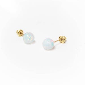 Simulated Opal Ball Screwback Earrings, 14k Solid Yellow Gold, Baby Girls Children Women Screwback Earrings