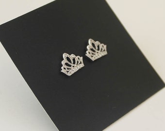 925 Sterling Silver Princess Crown Cubic Zirconia Screwback Baby Girls Earrings