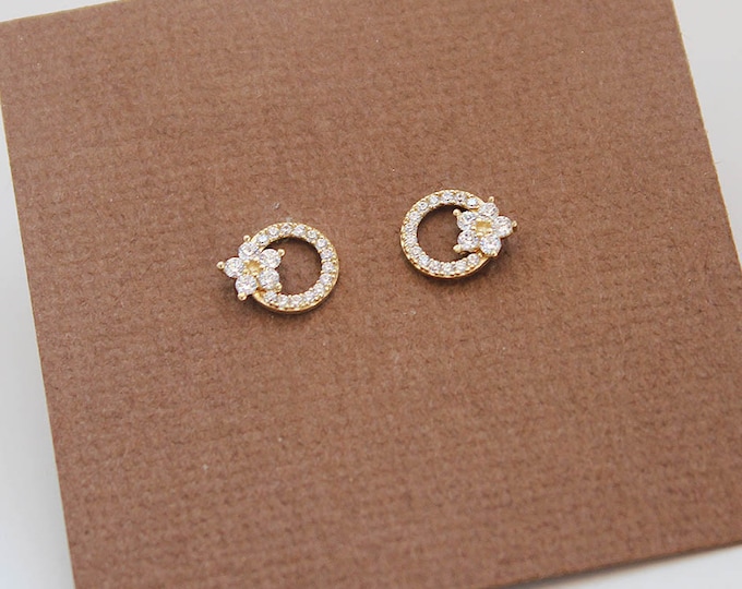 14k Solid Yellow Gold, Open Circle With Flower Screwback Earrings ...