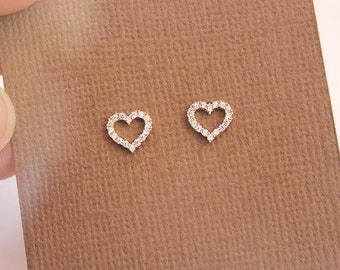 14k Solid Yellow Gold, Open Heart Screwback Earrings, Cubic Zirconia, Baby Girls Children Women Screwback Earrings