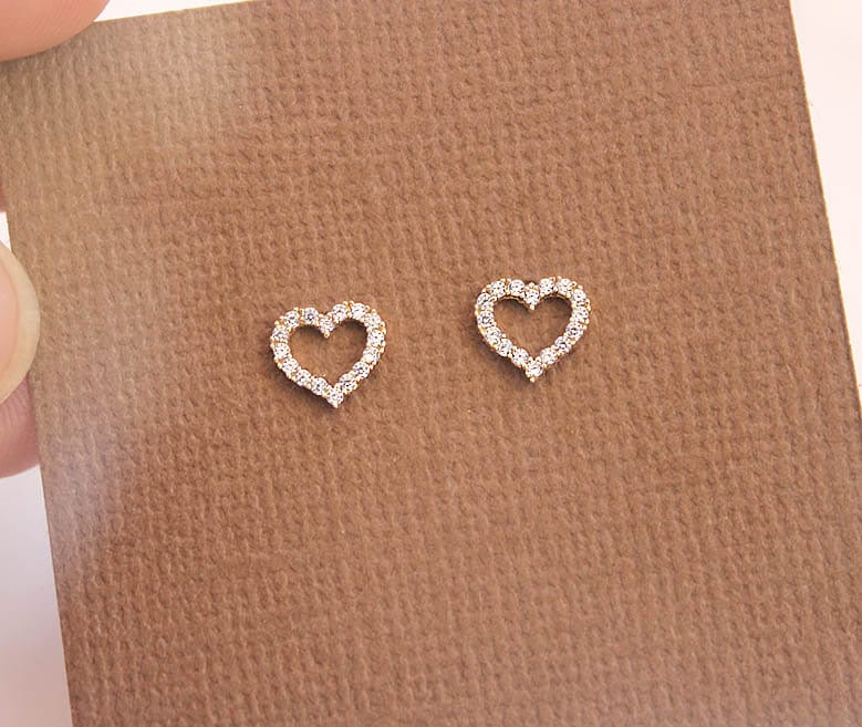 14k Solid Yellow Gold, Open Heart Screwback Earrings, Cubic Zirconia, Baby Girls Children Women Screwback Earrings