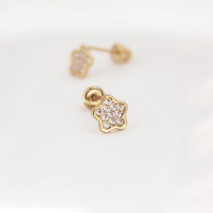 14k Solid Yellow Gold Cubic Zirconia Flower Baby Girls Children Screwback Earrings image 1