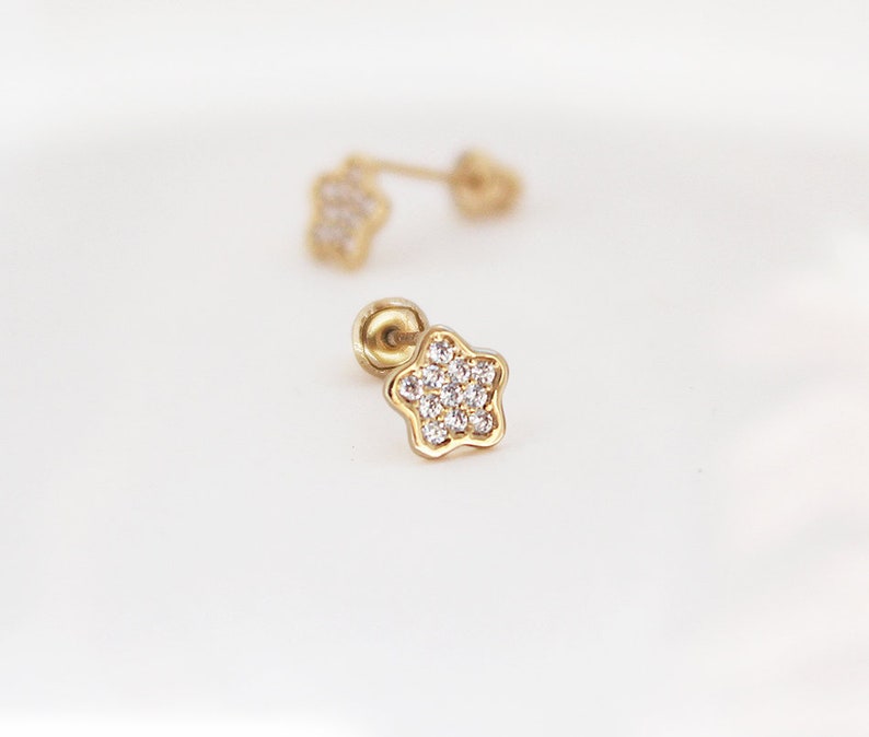 14k Solid Yellow Gold Cubic Zirconia Flower Baby Girls Children Screwback Earrings image 1