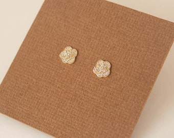 14k Solid Yellow Gold, Flower Rose Screwback Earrings, Cubic Zirconia, Baby Girls Children Women Screwback Earrings