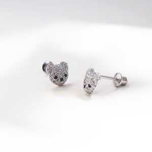 Teddy Bear Screwback Earrings, 925 Sterling Silver, Cubic Zirconia, Baby Girls Children Screwback Earrings