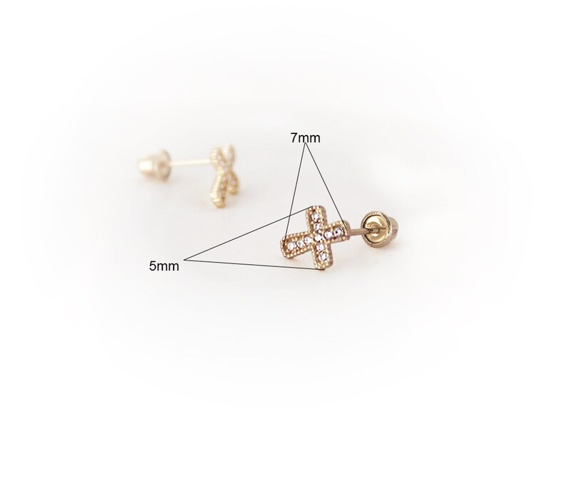 14k Solid Yellow Gold Cubic Zirconia Cross Baby Girls Children Screwback Earrings