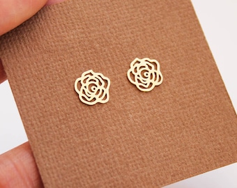 14k Solid Gelb Gold, Offene Rose Blume Screwback Ohrringe, Baby Mädchen Kinder Frauen Ohrringe